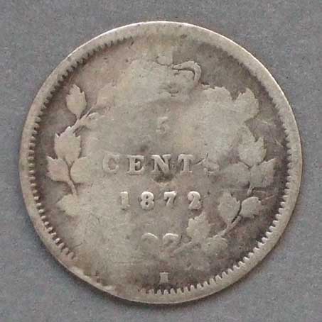 Color photo: Reverse view of 5 cent coin - Canada 1872