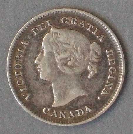 Color photo: Obverse view of 5 cent coin - Canada 1896