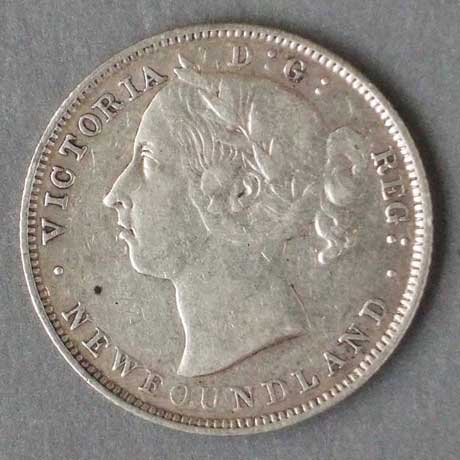 Color photo: Obverse view of 20 cent coin - Newfoundland 1888
