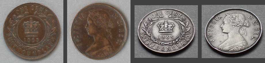 Color photo: Four views of 1865 Newfoundland large cent