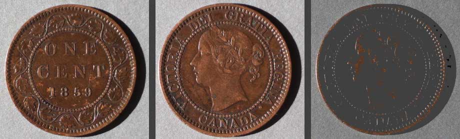 Color photo: Three views of l859 Canada large cent