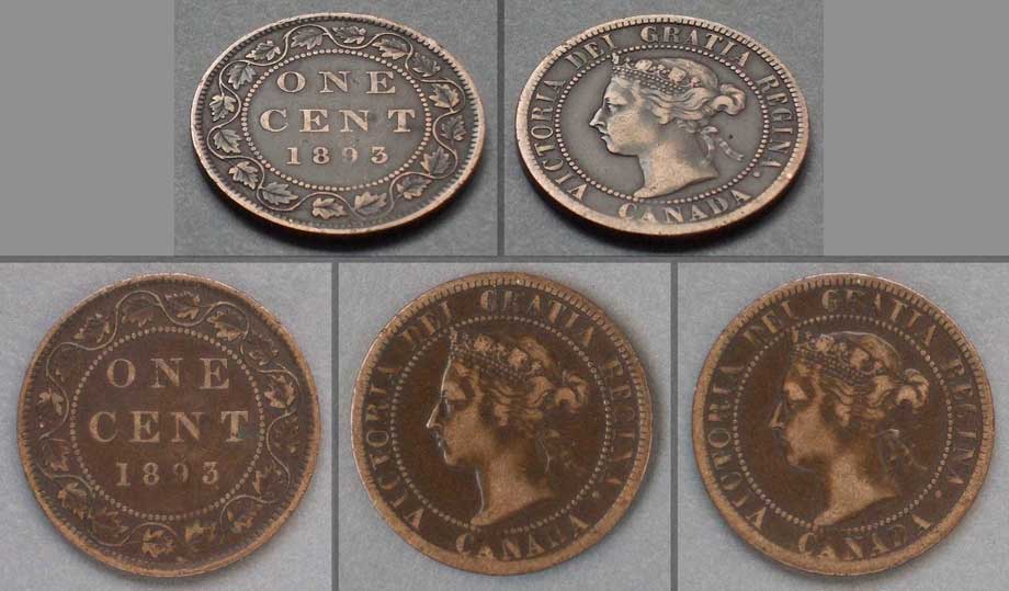 Color photo: Five views, oblique and direct, of 1893 Canada large cent
