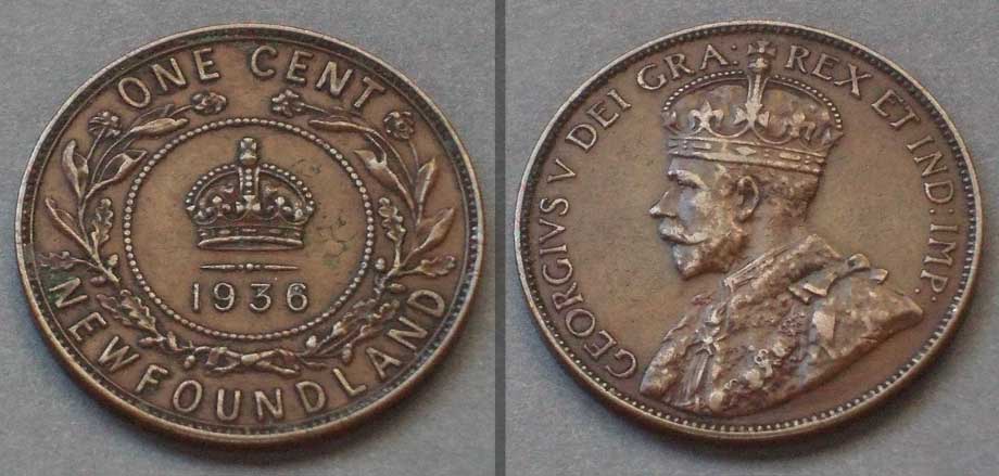 Color photo: Two direct views of 1936 Newfoundland large cent