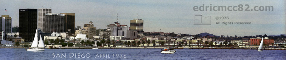 Wide, panoramic, accross the water view of San Diego skyline from Coronado