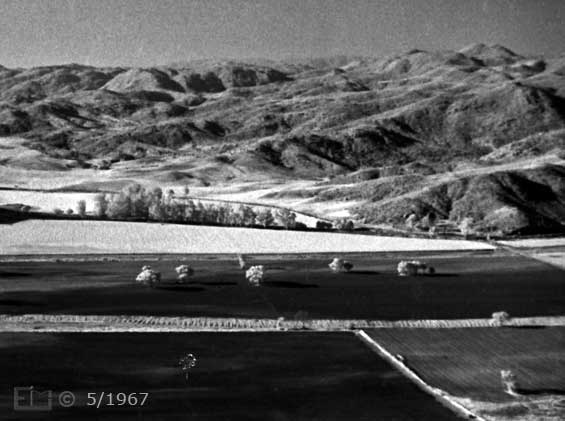 B/W infrared photo: View of San Pasqual Vallety from South side - Embedded text: 5/1967