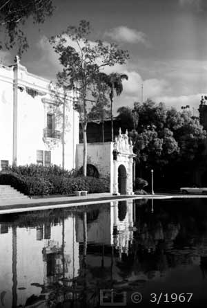 B/W photo: Casa del Prado with pond in foreground - Embedded text: 3/1967