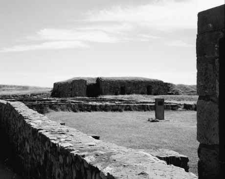 Left view of markers and ruins from moat bridge