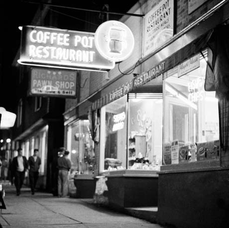 grayscale photograph: street scene