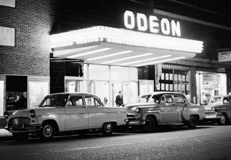 grayscale photograph: movie theater