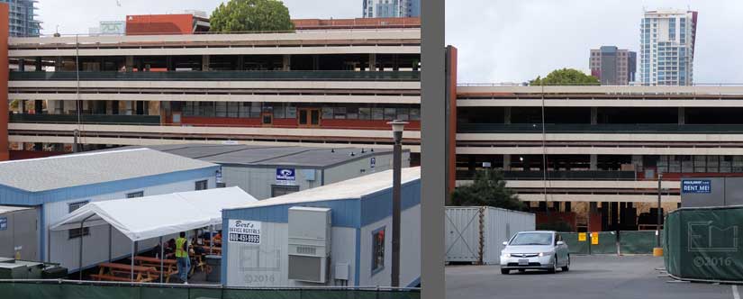 2 panes: Views of "T" building showing walls remain only on a portion of 2nd floor
