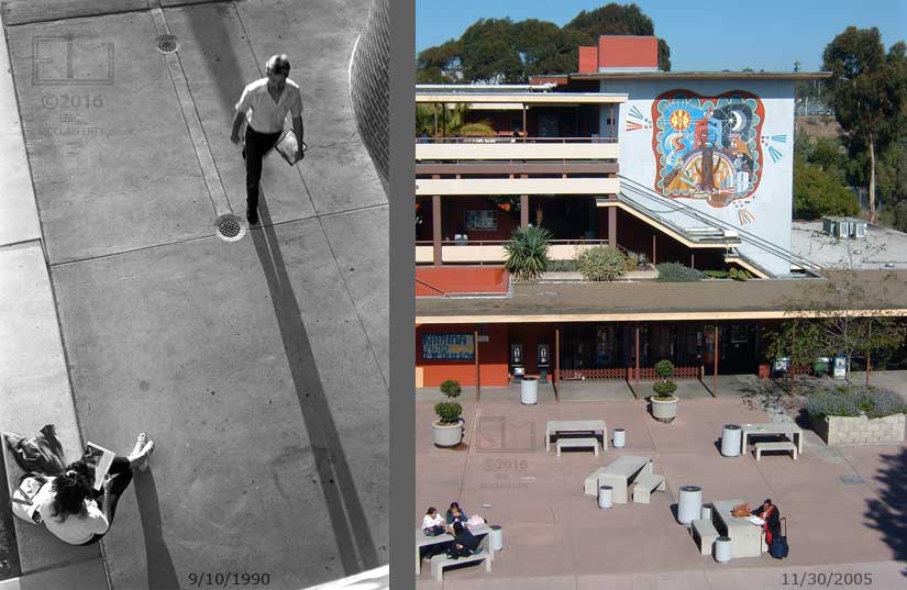 Two panes: Hi-view of pedestrian passing seated student reading - hi-view of students studying in patio area