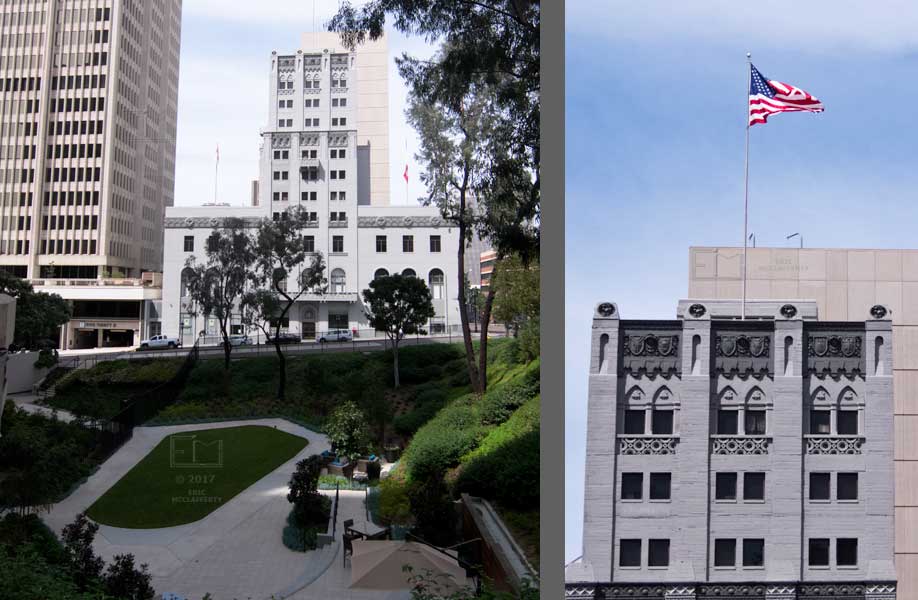 Two Panes: Block-wide Park like rest area with large buildings across nearest street - Close-up view of upper stories of older building with ornamental stonework and a flag on top
