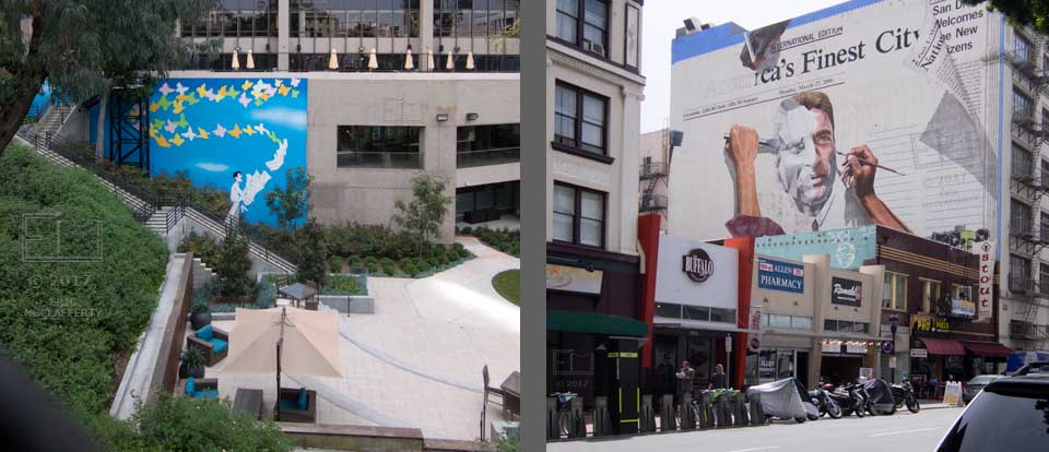 Two Panes: View across park like rest area of painting on adjoining building - Graphic painted on side of building viewed from across street