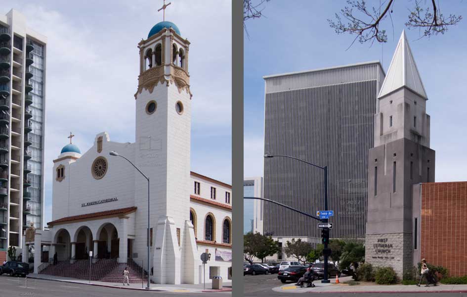 Two Panes: Across the street views of St. Joseph's Cathedral and First Lutheran Church