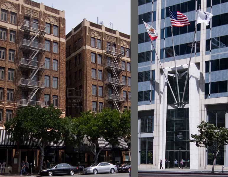 Two Panes: Across street views of older red brick multi-story buildings with external fire escapes and modern building with a flag strewn entrance
