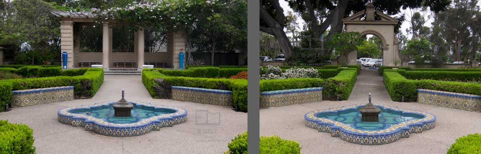 Two images of a Moorish tile fountain and benches viewed from different angles