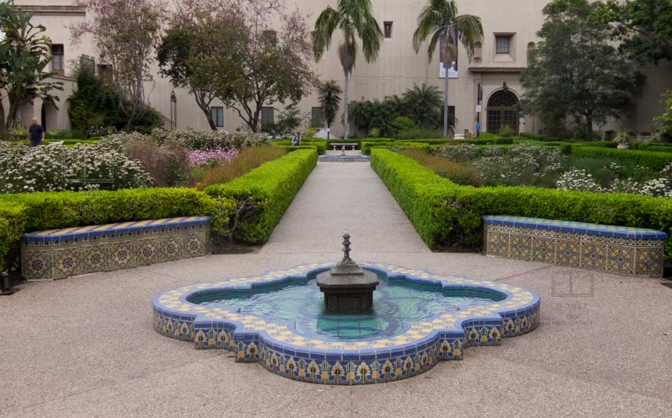 Larger single image of Moorish tile fountain and benches viewed from different angles