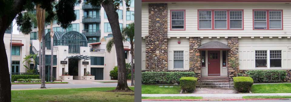 Two images displaying front entrances to a new an old building