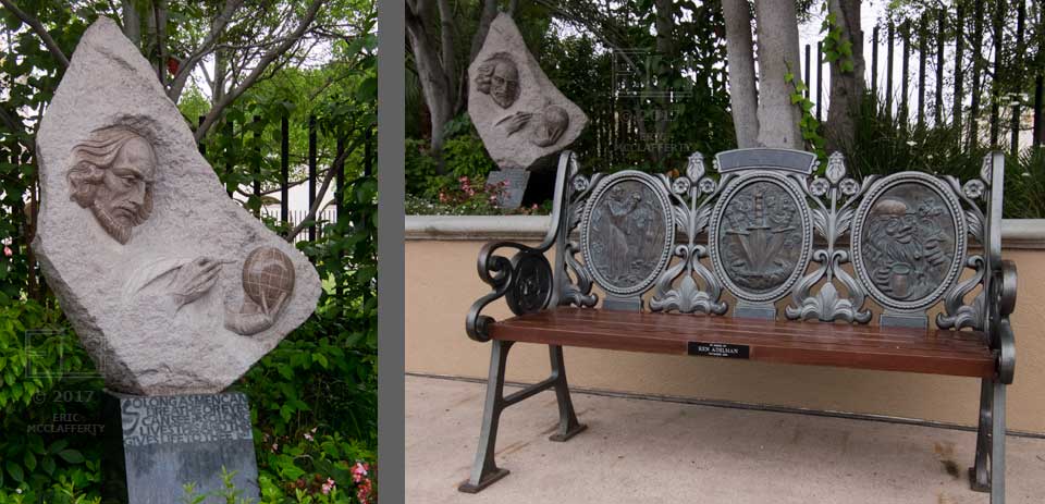 Close-up of Shakespeare sculpture and 2nd image of park bench with ornate metalwork and aforementioned sculpture in background