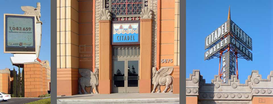 Three views of shopping center facade