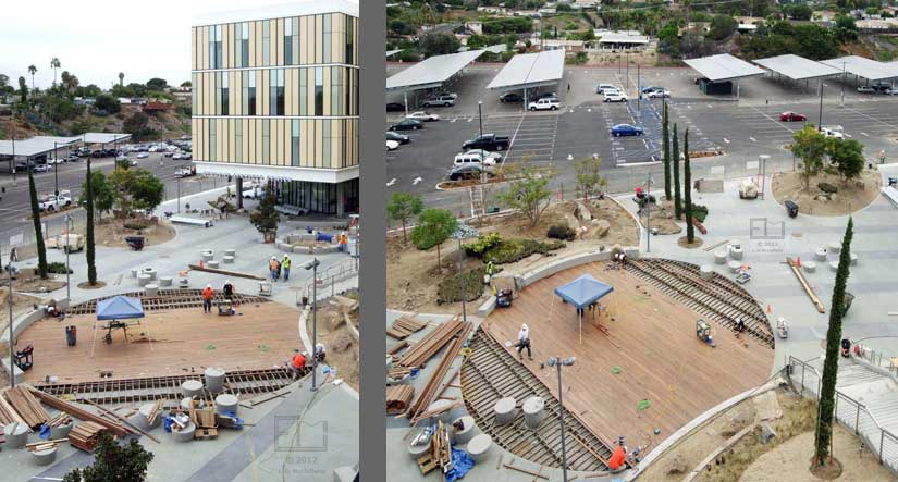 Two overviews of workeirs building a wooden platform