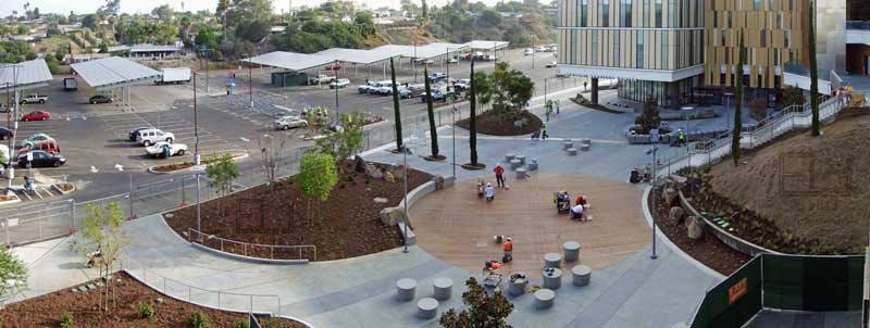 Wide overview of parking lot and grounds surounding new Student Services Building