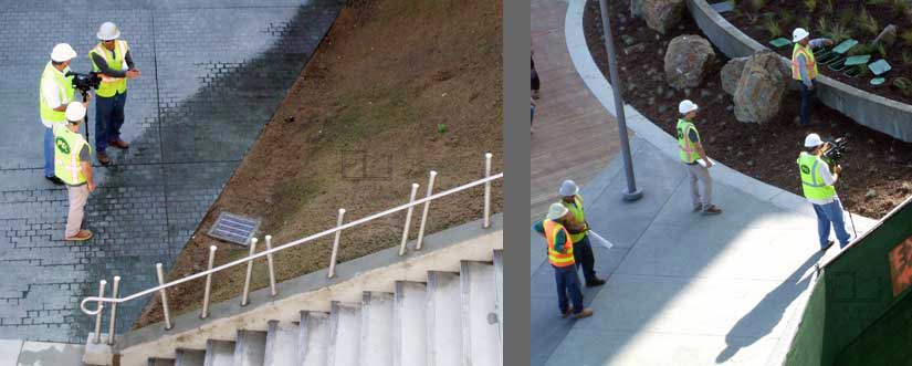 Two pane view of videographer photographing irragation system