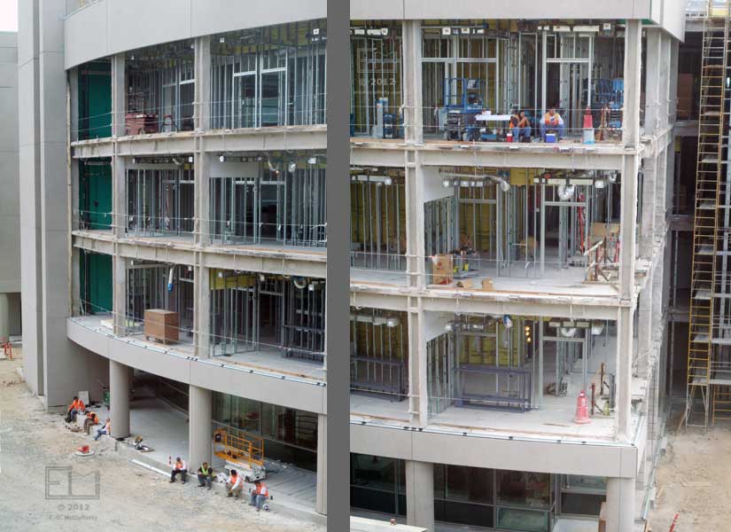 Two pane view of workers on lunchtime in partially constructed New Science Building