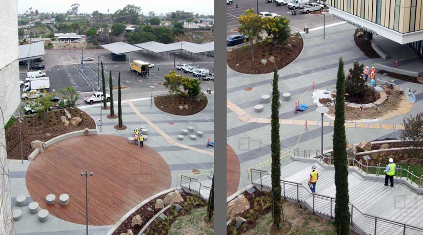 Two pane view of New Student Services Building's newly landscaped grounds