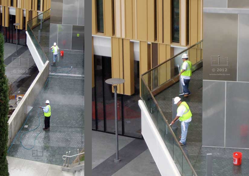 Two pane overview of workers spraywashing building surfaces