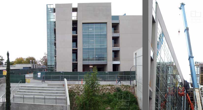 Two views of New Science Building from stairwell and south wall of I300