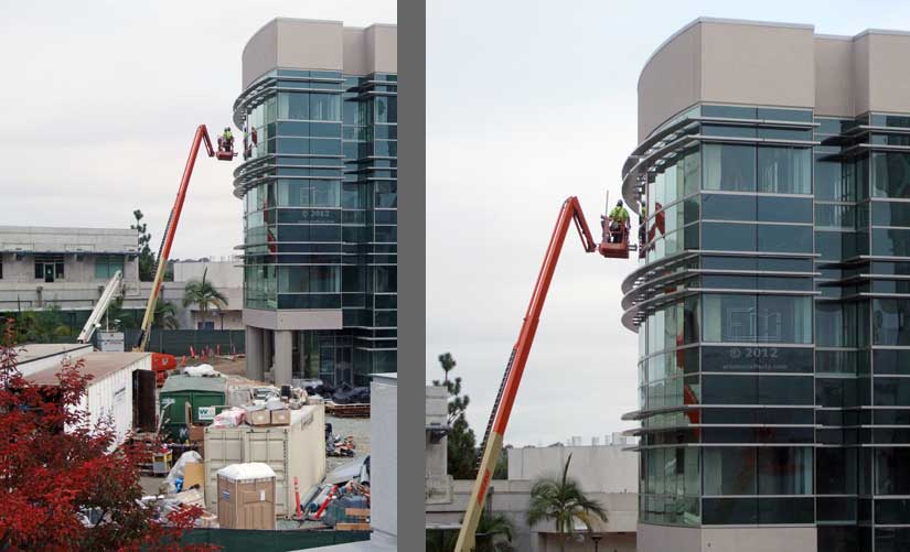 Two pane view of workers 3 stories up