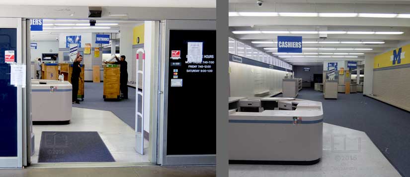 2 pics - Moving bookstore contents and empty bookstore later