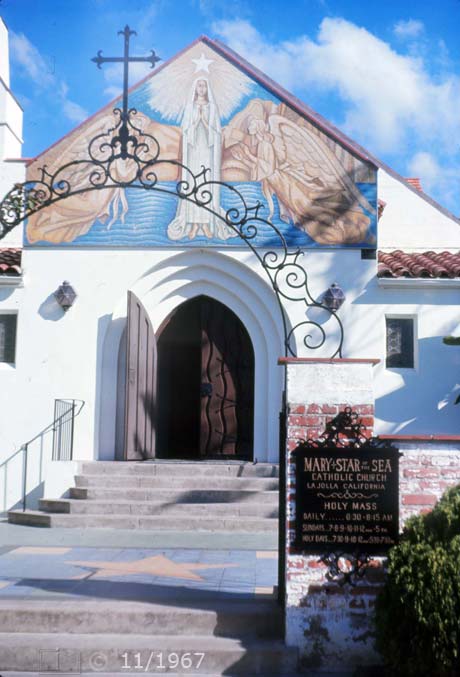 E6 color photo - Portrait (head-on) view of church entrance - Embedded text: 11/1967