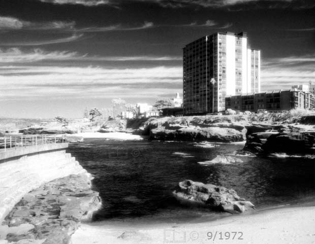 Infrared B/W photo - Wide landscape view of La Jolla Cove and 939 Coast Blvd. - Embedded text: 9/1972