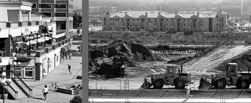2 image pane > 1: Skateboarders in shopping center  2: Jogger, bulldozers, construction area in foreground, completed multi-story apartment building in background