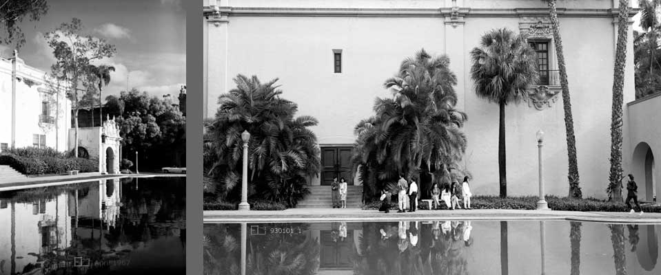 2 image pane > 1: Dilapidated building viewed across lily pond  2: Family taking portraits and jogger in front of restored building, viewed across lily pond