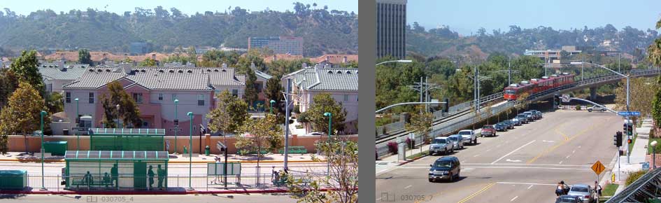 2 image pane > 1:Occupied trolley stop in foreground, many multiple-story apartment building in background  2: Street scene with red trolley on descending elevated track towards stop