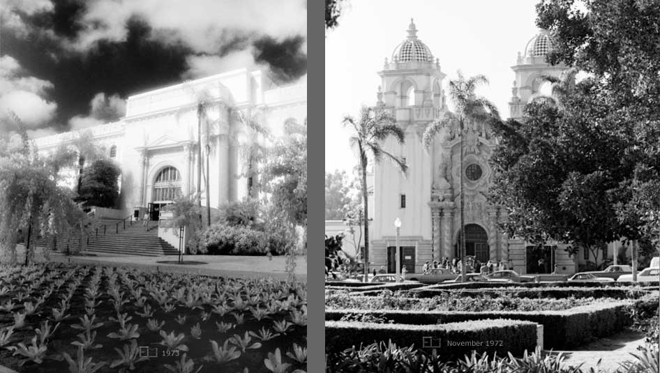 2 image pane > 1: Row planted plot in front of Natural History Museum  2: Garden area, with hedges, in foreground; Casa del Prado Theater entrance in background