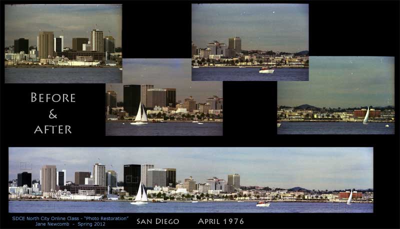 Collage of San Diego skyline images, April 1976, before and after image restoration