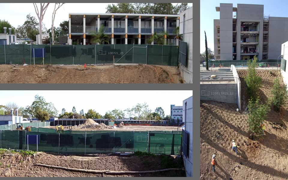 3 image pane shot from same spot> 1: Mesa College building F-200 with hillside in foreground  2: Cleared field with Mesa College buildings in background, hillside in foreground  3: New Mesa College Science Building with gardeners planting shrubs on hillside