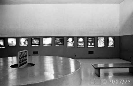 B/W photo: Wide angle (28mm) interior view of Palomar Museum - Embedded text: 9/27/73