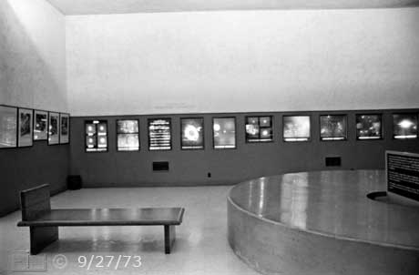 B/W photo: Wide angle (28mm) interior view of Palomar Museum - Embedded text: 9/27/73