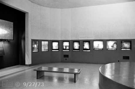 B/W photo: Wide angle (28mm) interior view of Palomar Museum - Embedded text: 9/27/73