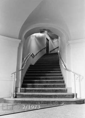 B/W photo: Stairway up to Hale Telescope observation level - Embedded text: 2/1973