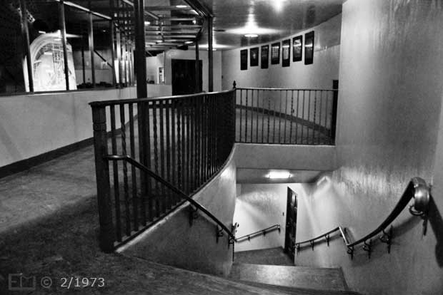B/W photo: Hale Telescope observation level and stairway down to entrance - Embedded text: 2/1973