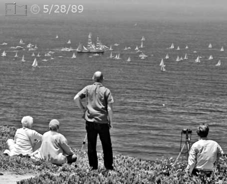 B/W photo: Spectators viewing 'Star of India' sailing on ocean - Embedded text: 5/28/89