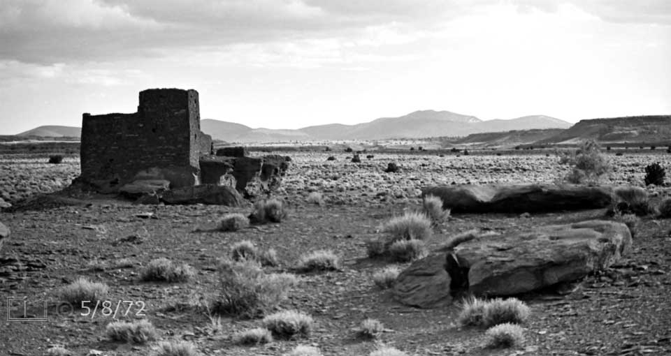 B/W photo: Distant view of ruin and its surroundings - Embedded text: 5/8/73
