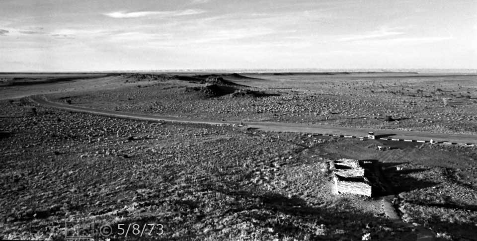 B/W photo: View from Cidital Overlook of parking area and enviroment - Embedded text: 5/8/73