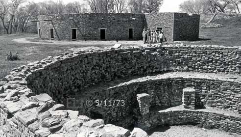 B/W photo of kivas in the central plaza - Embedded text: 5/11/73